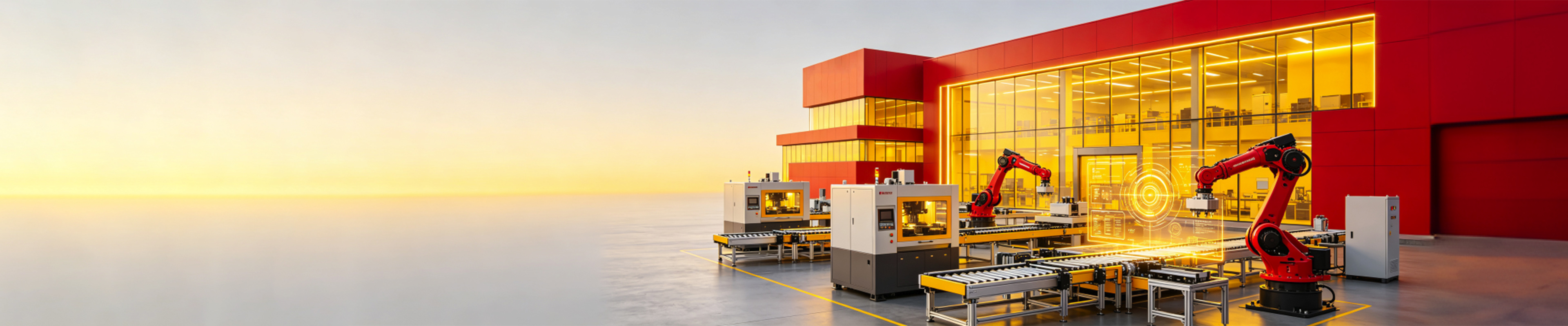 Robotic arms operating on an automated production line beside a modern factory facade at dawn